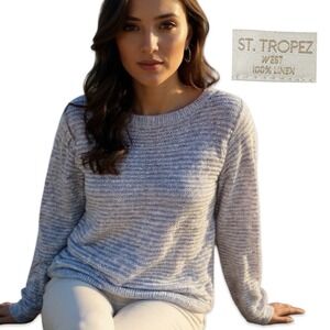 St. Tropez West 100% Linen Blue Womens M Coastal Grandma Boho Long Sleeve Beach